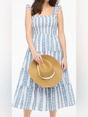 NWT J. Crew Printed Smocked Midi Dress Blue Floral Stripe M Pockets